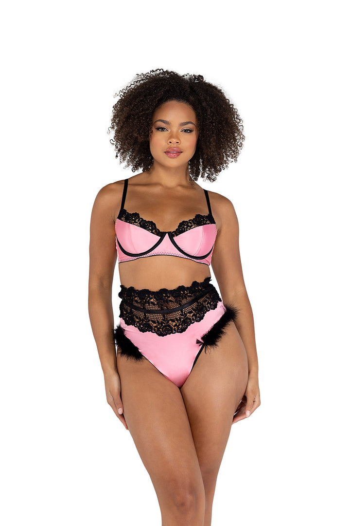 Embroidery and Satin Underwire Bra with High-Waisted Thong with Faux Fur Trim