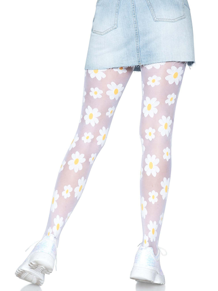 White Sheer Pantyhose with Daisy Details