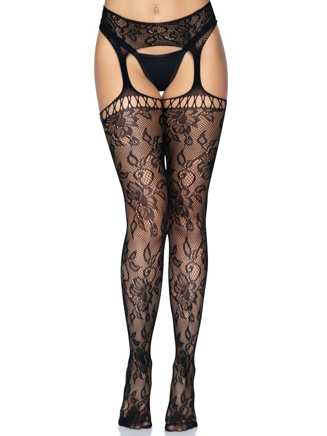 Gardenia Lace Stockings with Netting Top and Attached Garter Belt