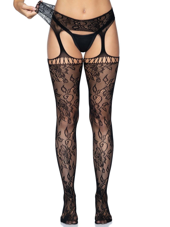 Gardenia Lace Stockings with Netting Top and Attached Garter Belt