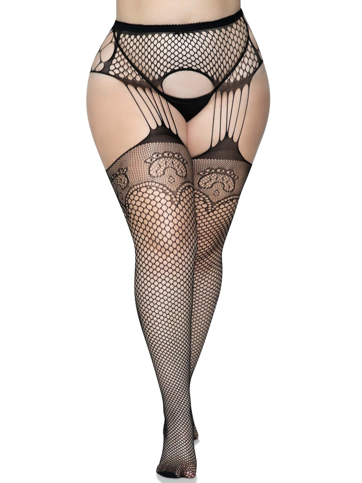 Fishnet Plus Stockings with Duchess Lace Trim and Attached Fishnet Garter Belt