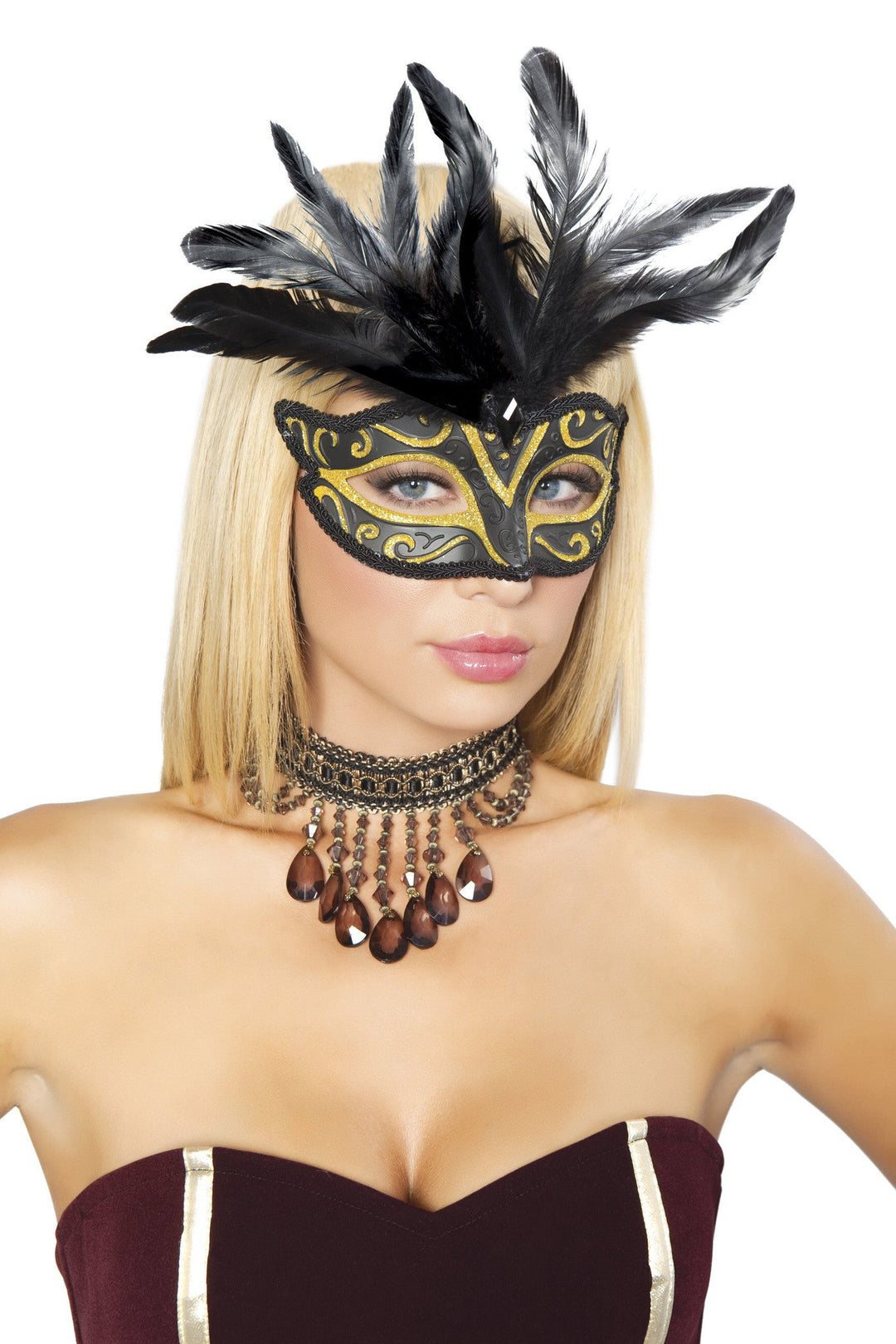 Black and Gold Masquerade Mask with Black Feathers