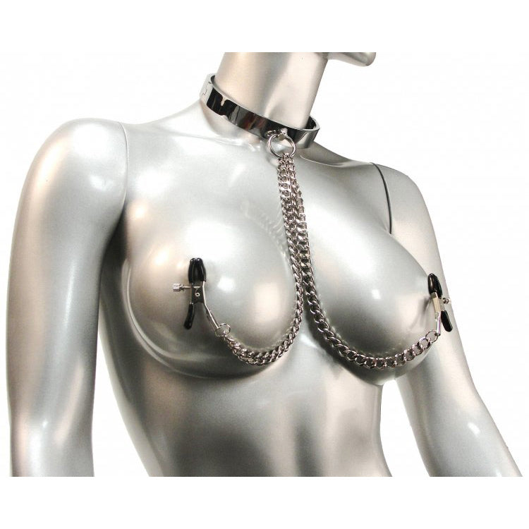 Chrome Slave Collar with Nipple Clamps - SmallMedium - AC238-SM - UPC-848518008091