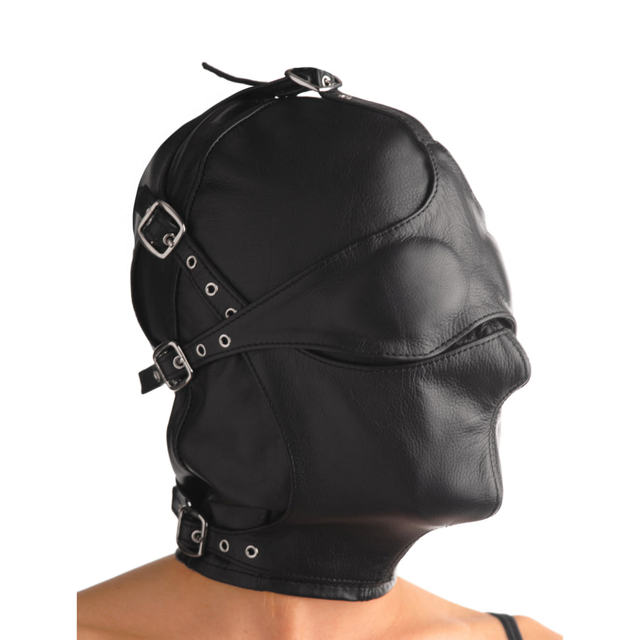 Asylum Leather Hood with Removable Blindfold and Muzzle- ML - AC890-ML - UPC-848518004239