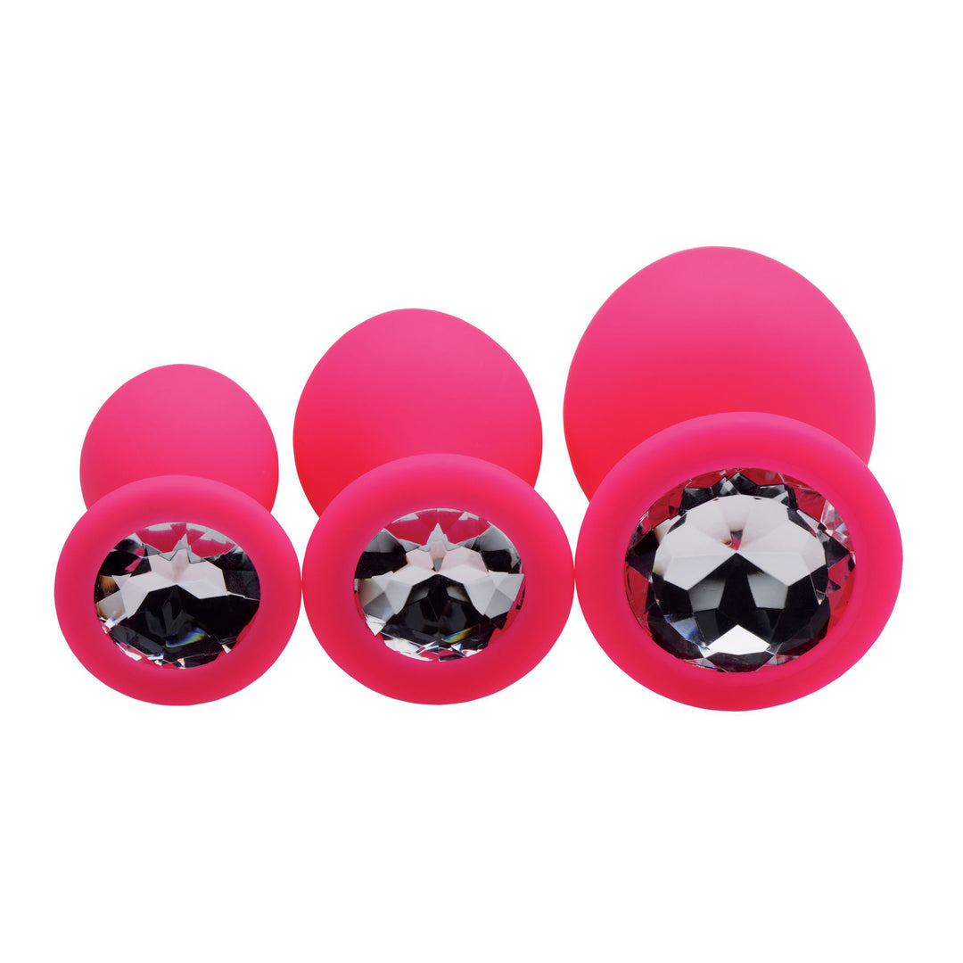 Pink Pleasure 3 Piece Silicone Anal Plugs with Gems - AE902-Pink - UPC-848518024015