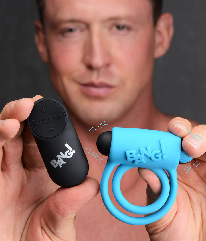 Remote Control 28X Vibrating Cock Ring and Bullet - Blue - AG572-Blue - UPC-848518039835