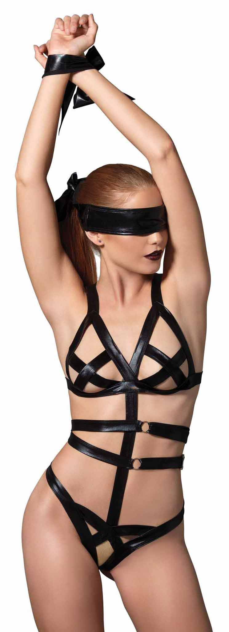 3 Piece Wet Look Bondage G-String Teddy with Restraints - AG811 - UPC-714718514567