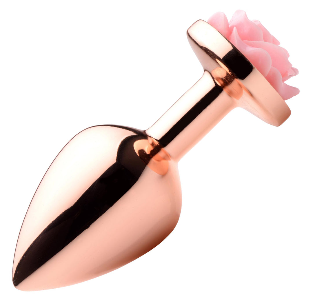 Rose Gold Anal Plug with Pink Flower - Medium - AG855-Med - UPC-848518045737