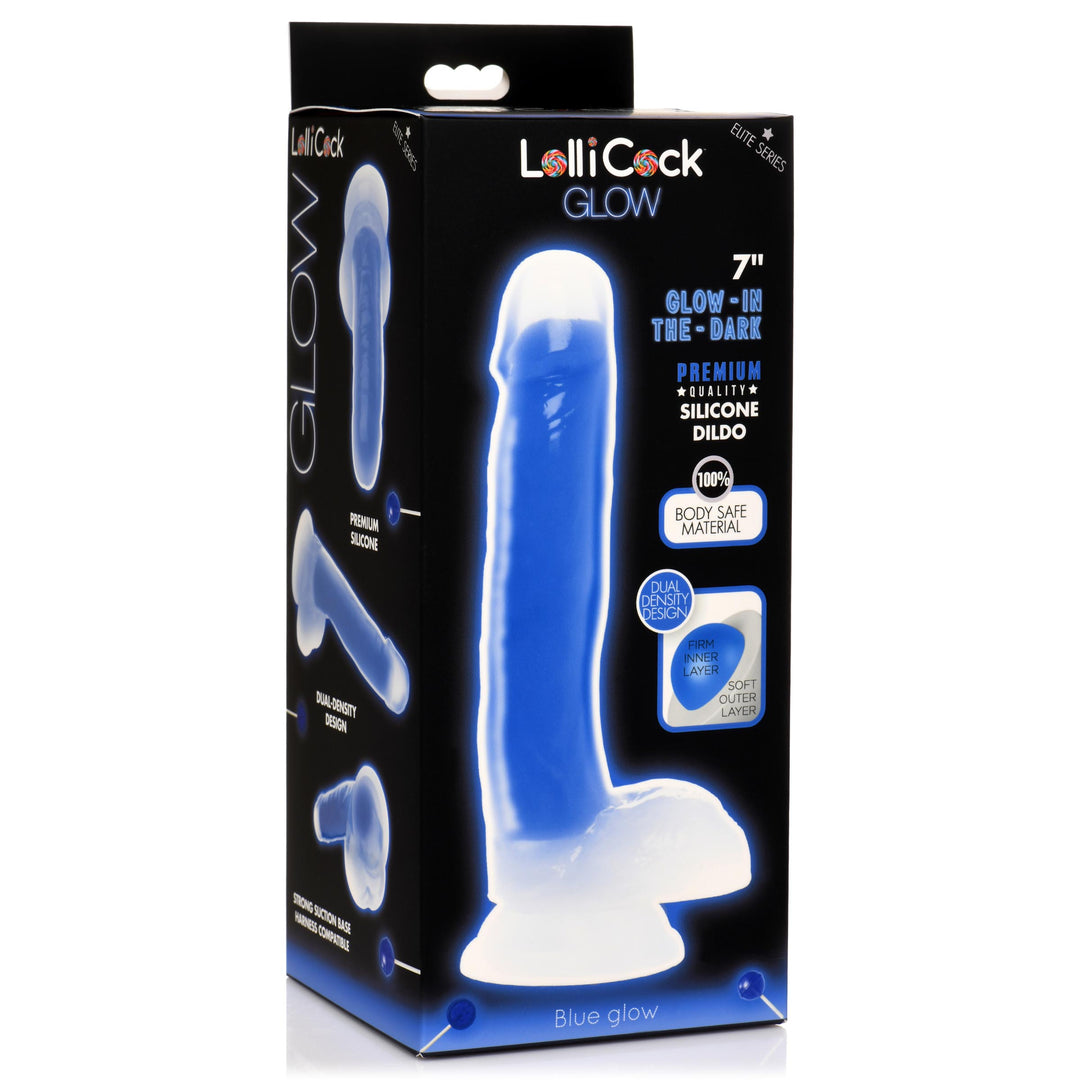 7 Inch Glow-in-the-Dark Silicone Dildo with Balls - Blue