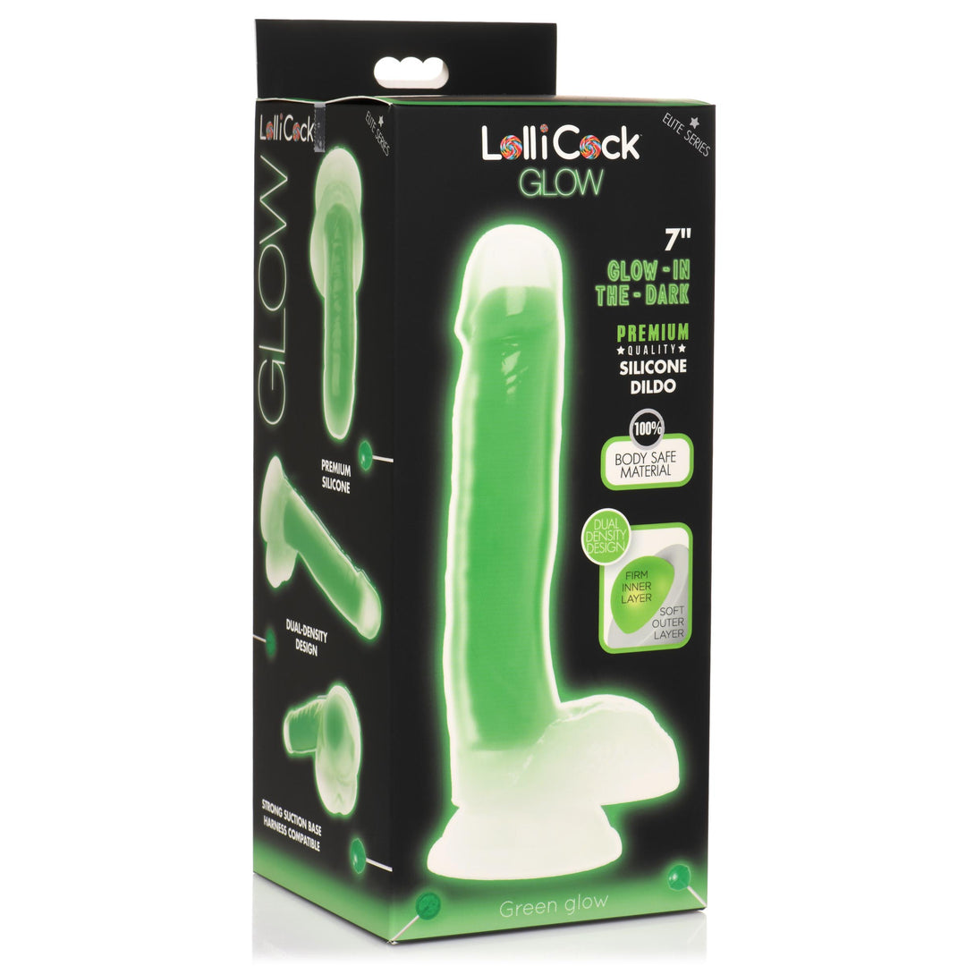 7 Inch Glow-in-the-Dark Silicone Dildo with Balls - Green