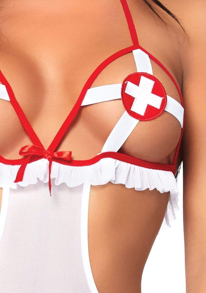 Naughty Nurse Crotchless Teddy with Peek-a-Boo Cups and Hat Headband