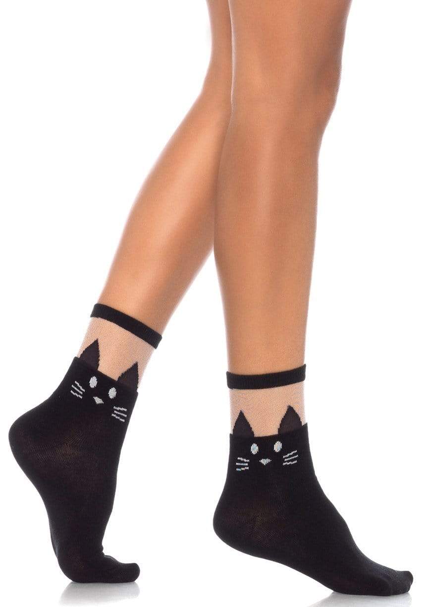 Black Cat Opaque Ankle Socks with Sheer Top