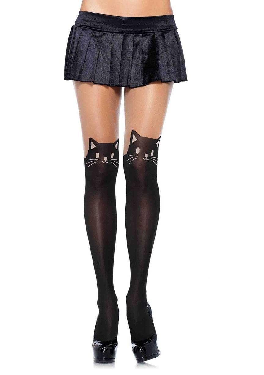 Opaque Black Cat Pantyhose with Nude Sheer Thigh Accent