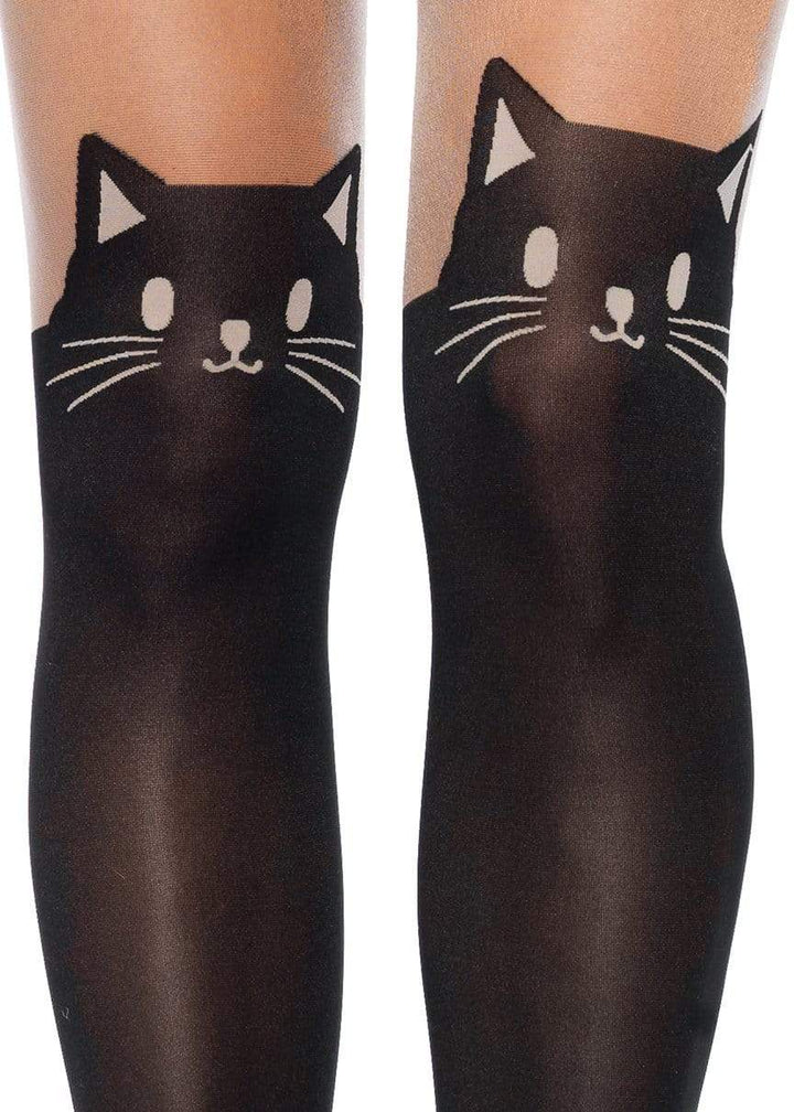 Opaque Black Cat Pantyhose with Nude Sheer Thigh Accent