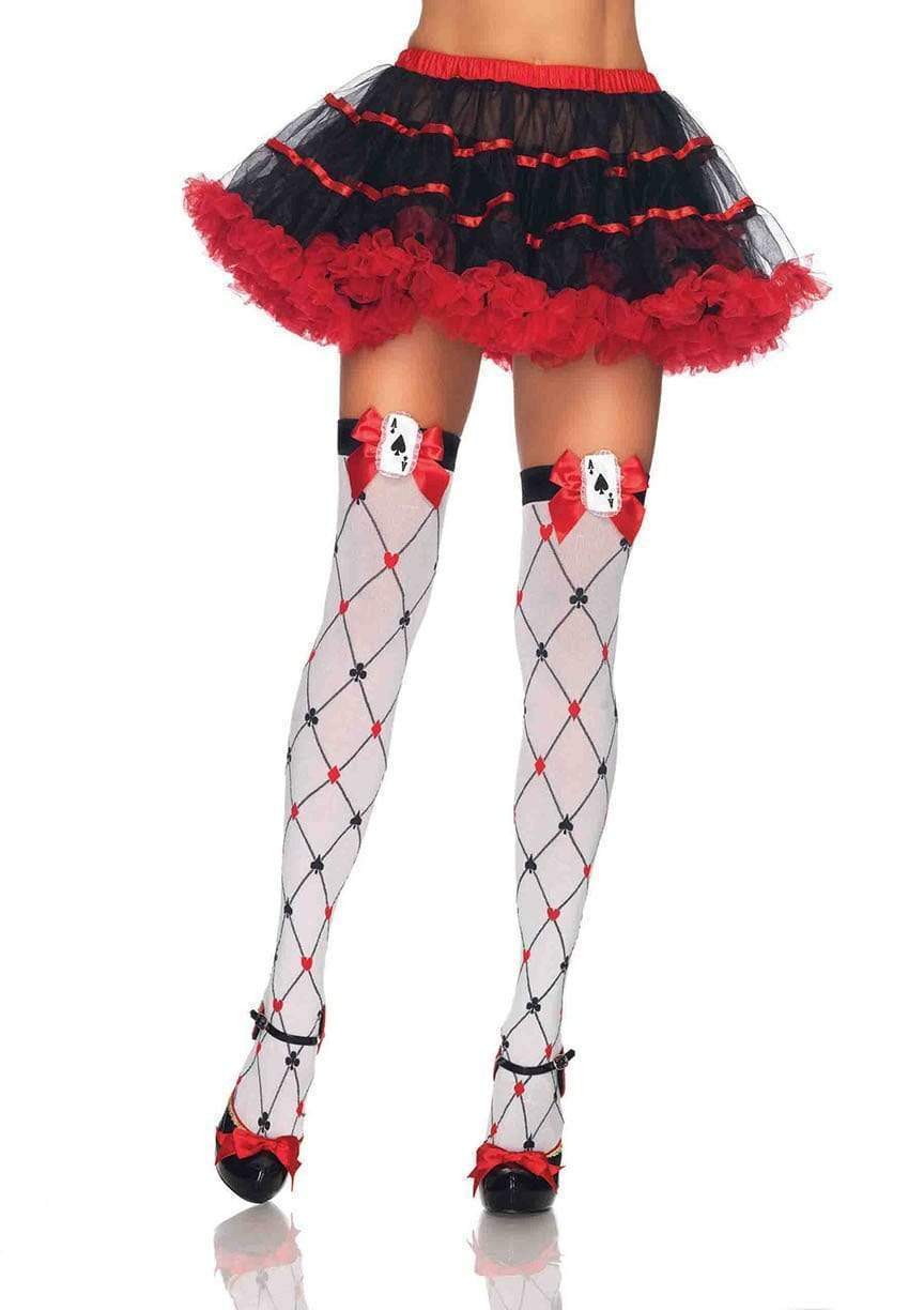 Diamond Pattern Card Suit Thigh Highs with Red Bow and Card Charm