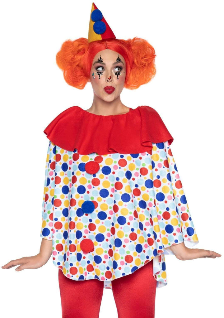 Polka-Dot Clown Poncho with Pom Pom Accents and Clown Hat