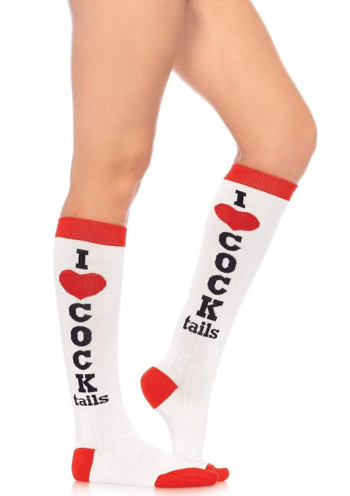 White Knee High Socks with I Heart "Cock" Tails Details