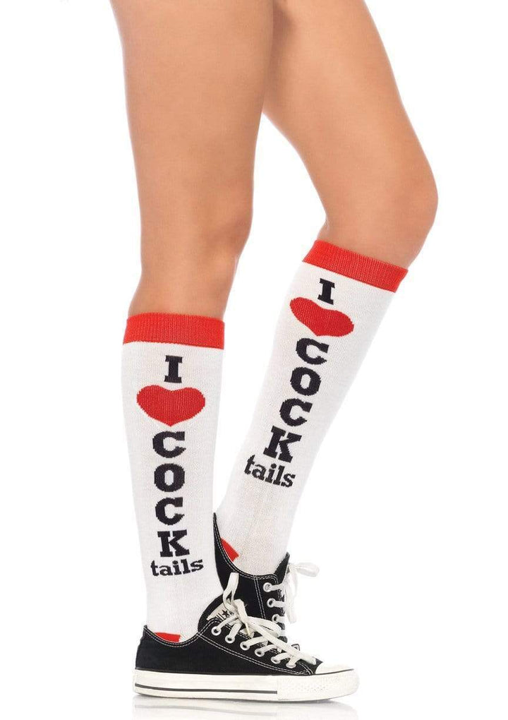 White Knee High Socks with I Heart "Cock" Tails Details