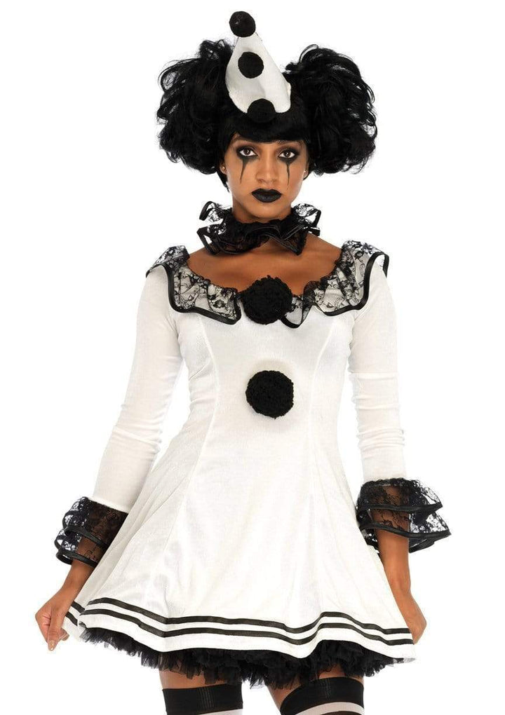 Pierrot Clown Velvet Dress with Lace Trim and Ruffle Neck Piece