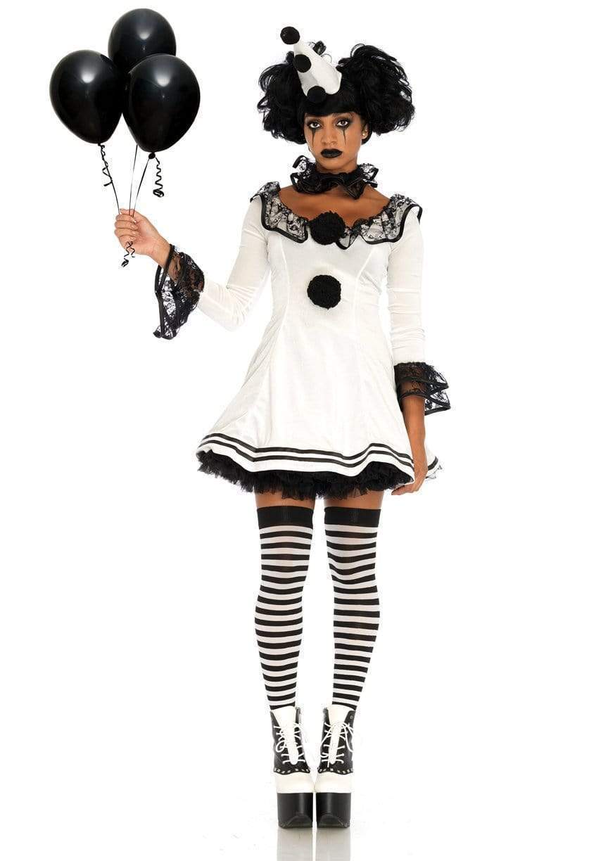 Pierrot Clown Velvet Dress with Lace Trim and Ruffle Neck Piece