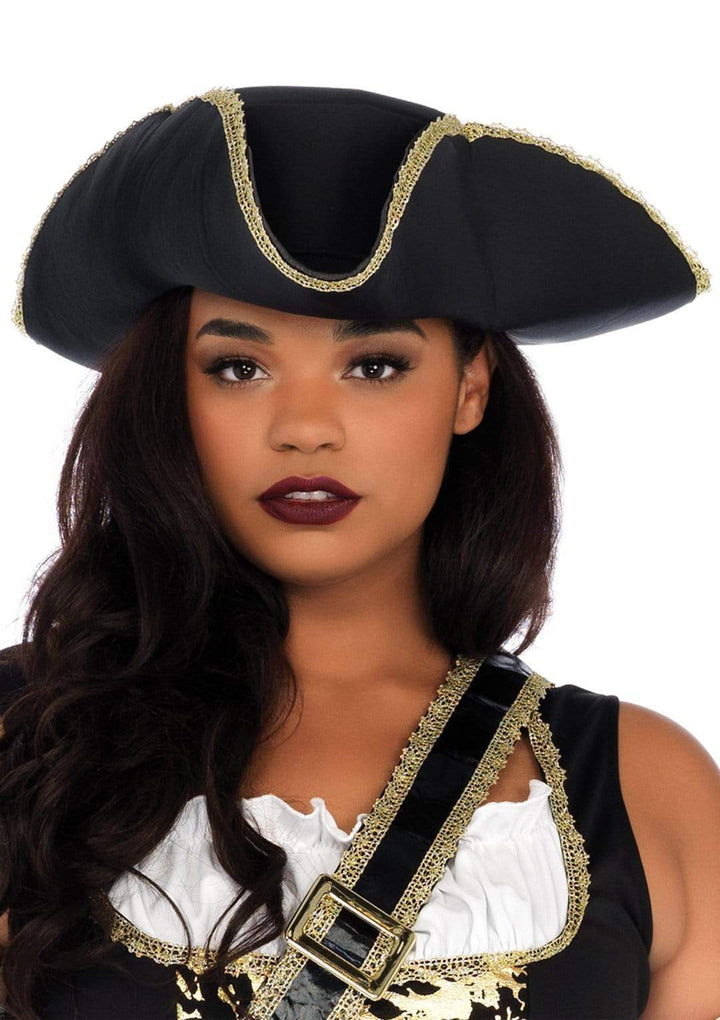 Black Sea Buccaneer Plus Dress with Off Shoulder Sleeves and Gold Trim Pirate Hat