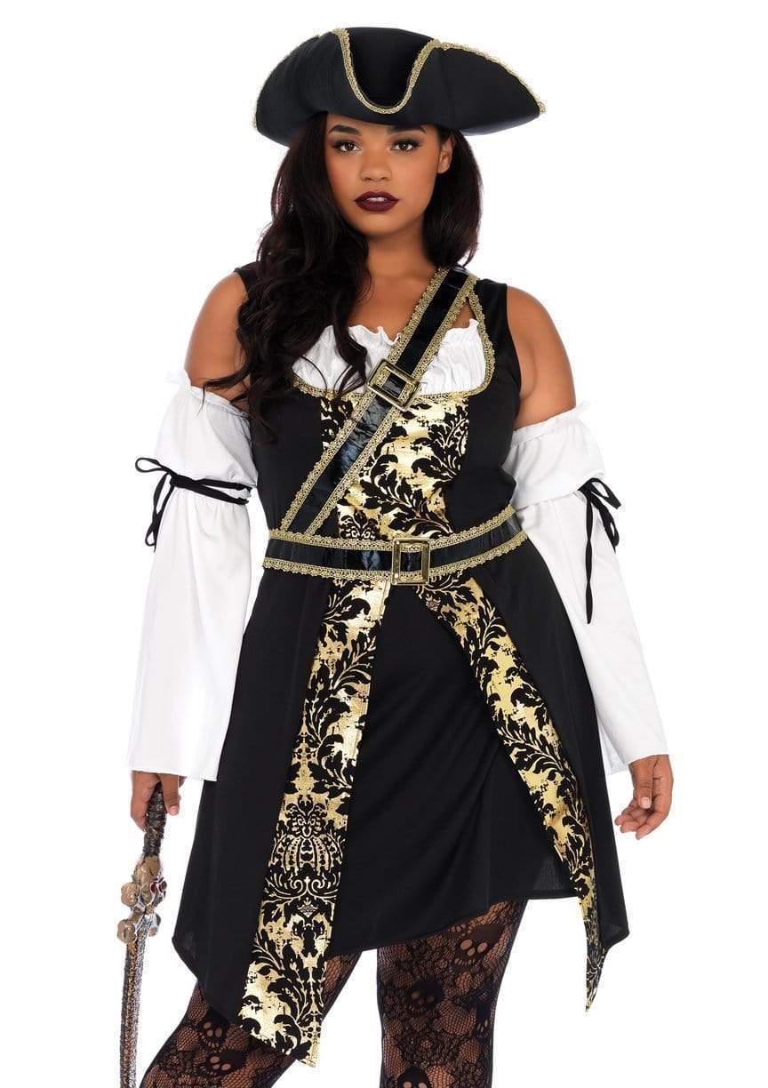 Black Sea Buccaneer Plus Dress with Off Shoulder Sleeves and Gold Trim Pirate Hat