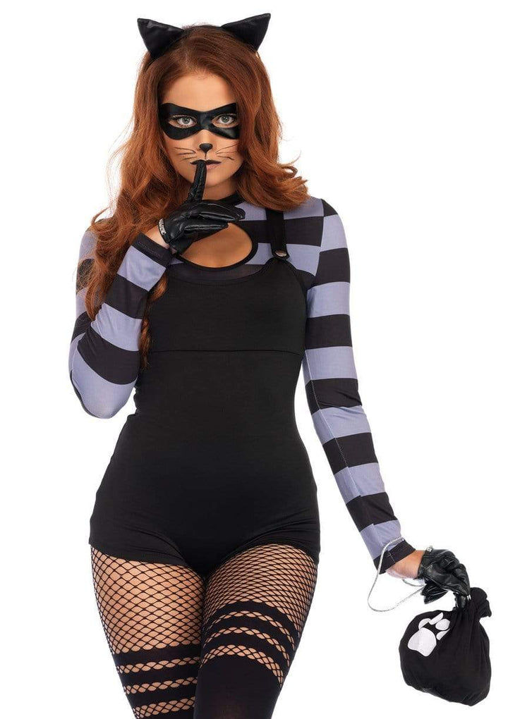 Cat Burglar Keyhole Romper with Striped Sleeves and Money Bag