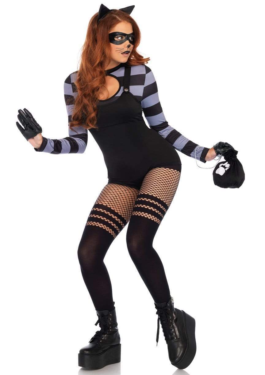 Cat Burglar Keyhole Romper with Striped Sleeves and Money Bag