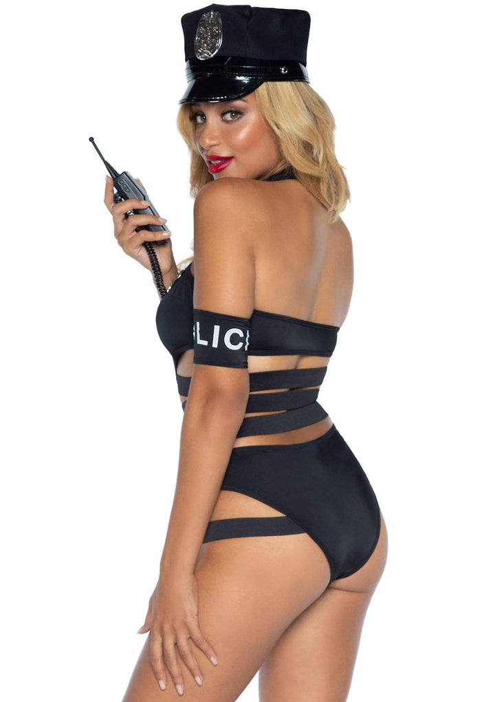 Undercover Cop Strappy Bodysuit with Handcuffs and Toy Walkie Talkie