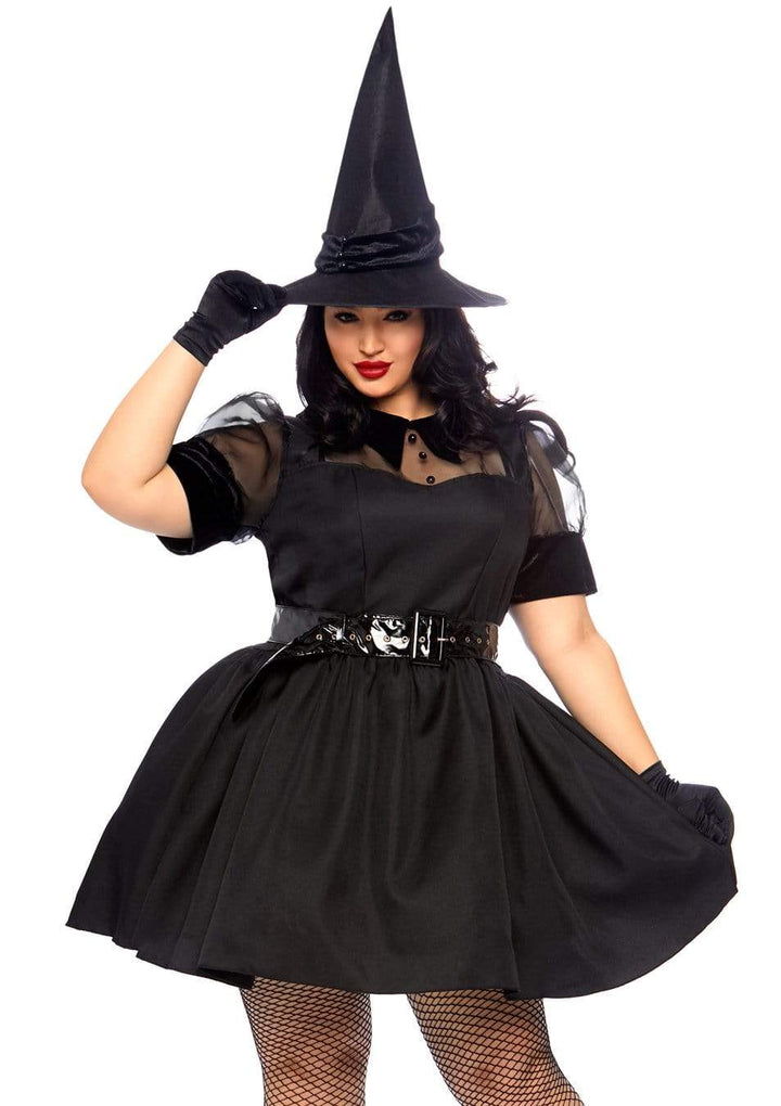 Bewitching Witch Vintage Style Plus Dress with Organza Belt and Hat
