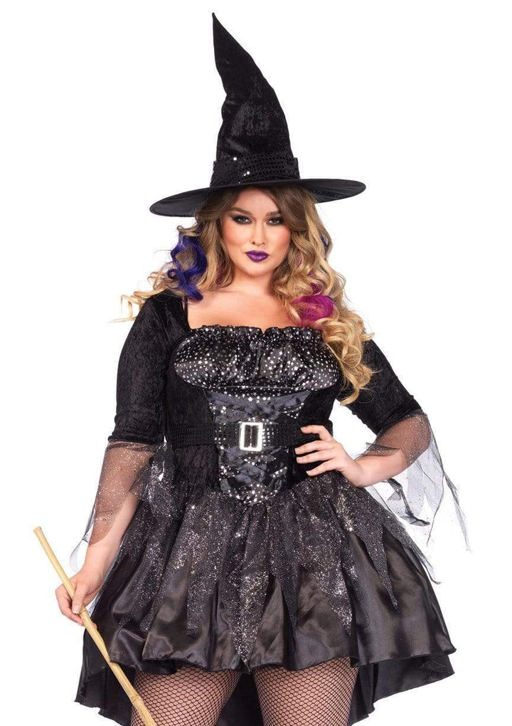 Black Magic Mistress High-Low Dress with Attached Belt and Hat