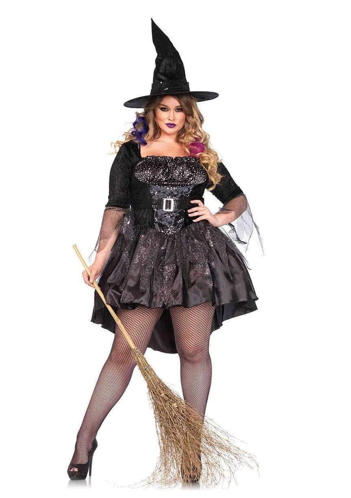 Black Magic Mistress High-Low Dress with Attached Belt and Hat