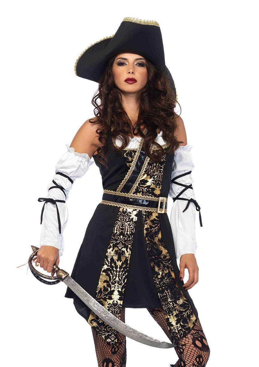 Black Sea Buccaneer Dress with Off Shoulder Sleeves and Gold Trim Pirate Hat