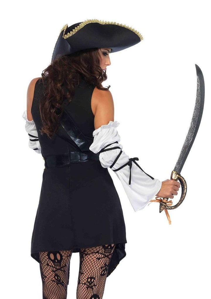 Black Sea Buccaneer Dress with Off Shoulder Sleeves and Gold Trim Pirate Hat