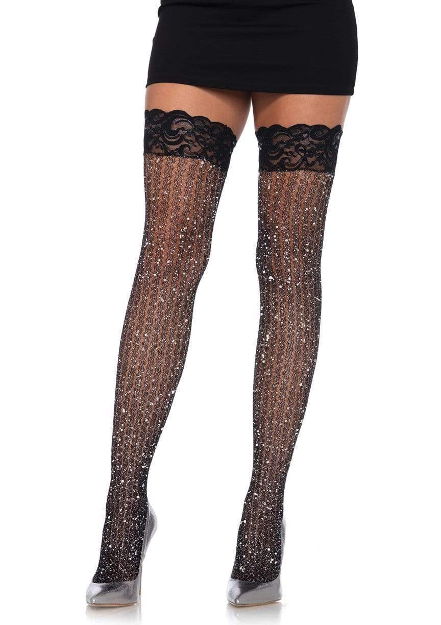 Shimmering Lurex Cable-Net Thigh Highs with Stay Up Lace Top