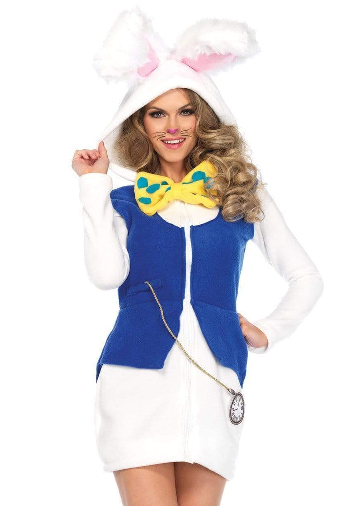 White Rabbit Fleece Mini Dress with Attached Ear Hood and Velcro Pocket Watch