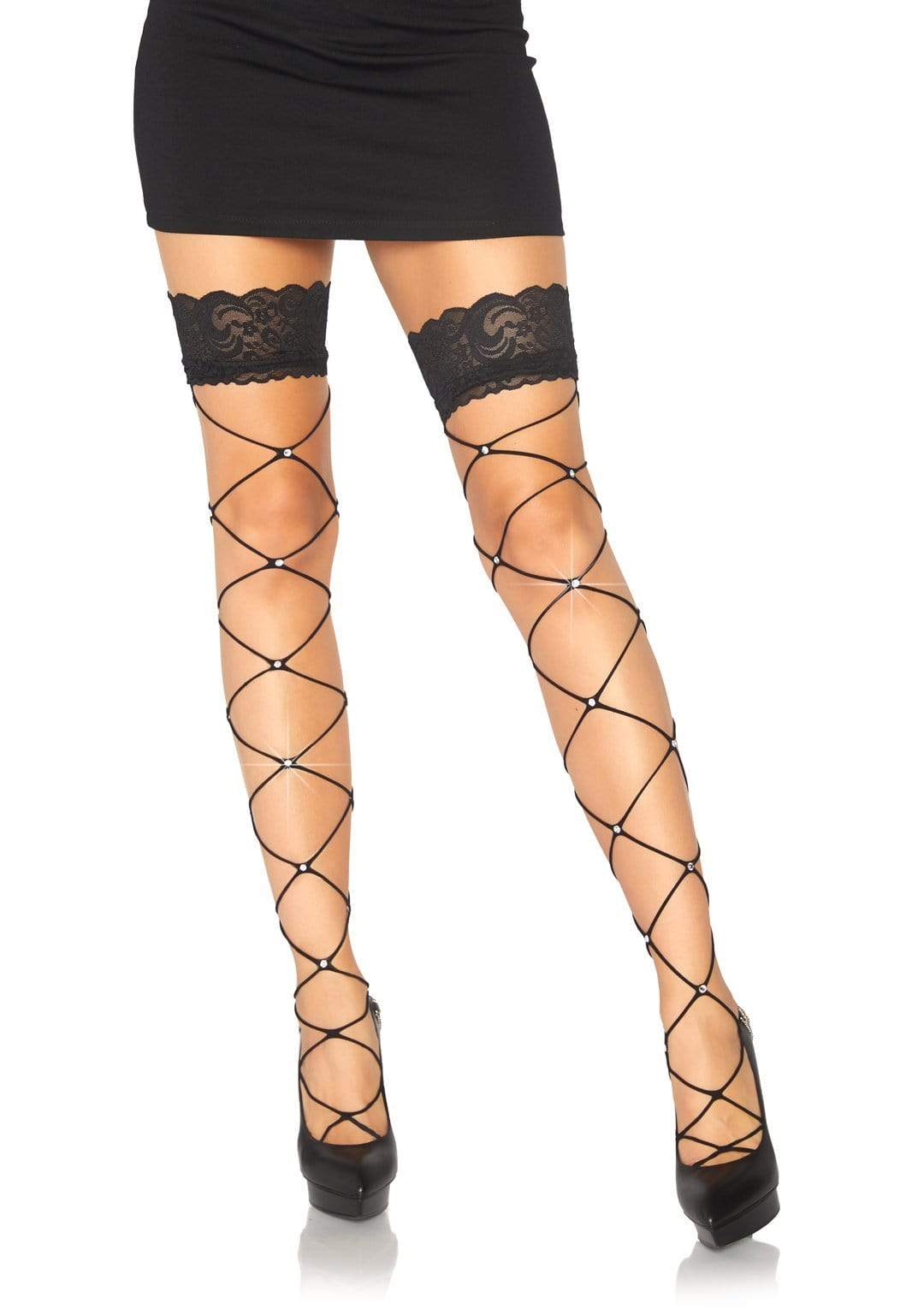 Lace Stay Up Fishnet Thigh Highs with Crystal Accent