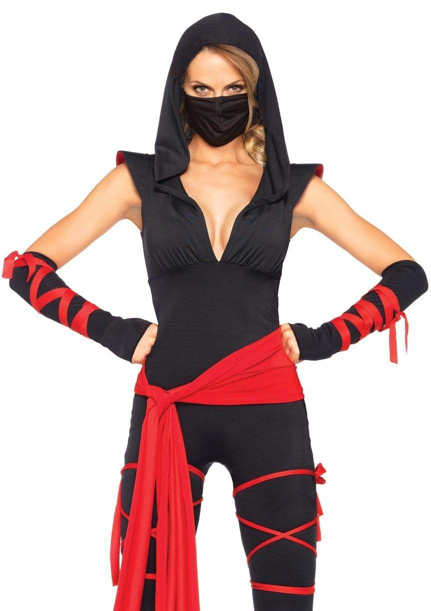 Deadly Ninja Hooded Plunging Catsuit with Attached Leg Wraps and Mask