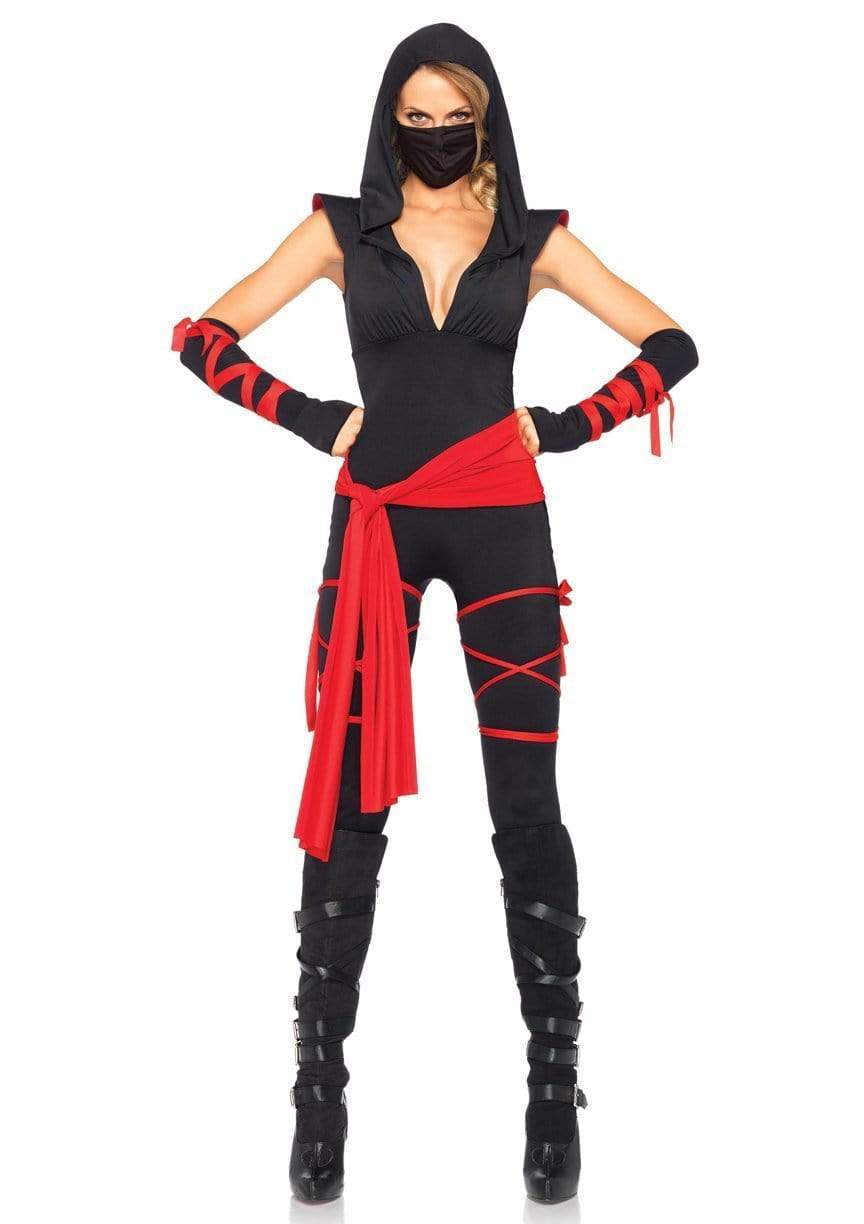 Deadly Ninja Hooded Plunging Catsuit with Attached Leg Wraps and Mask