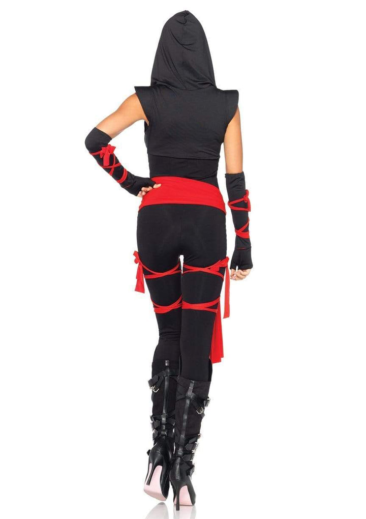 Deadly Ninja Hooded Plunging Catsuit with Attached Leg Wraps and Mask