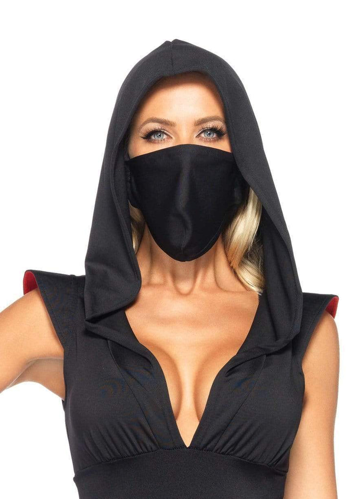 Deadly Ninja Hooded Plunging Catsuit with Attached Leg Wraps and Mask
