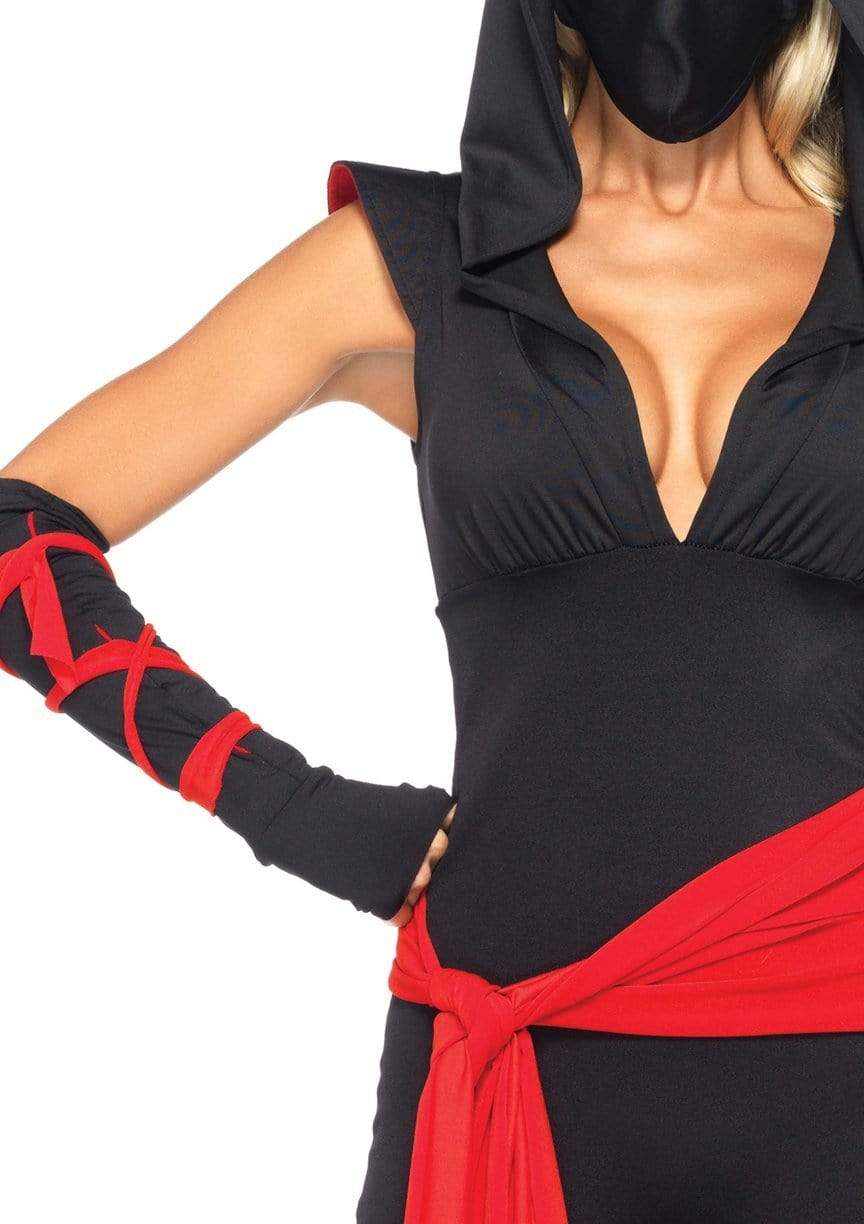 Deadly Ninja Hooded Plunging Catsuit with Attached Leg Wraps and Mask