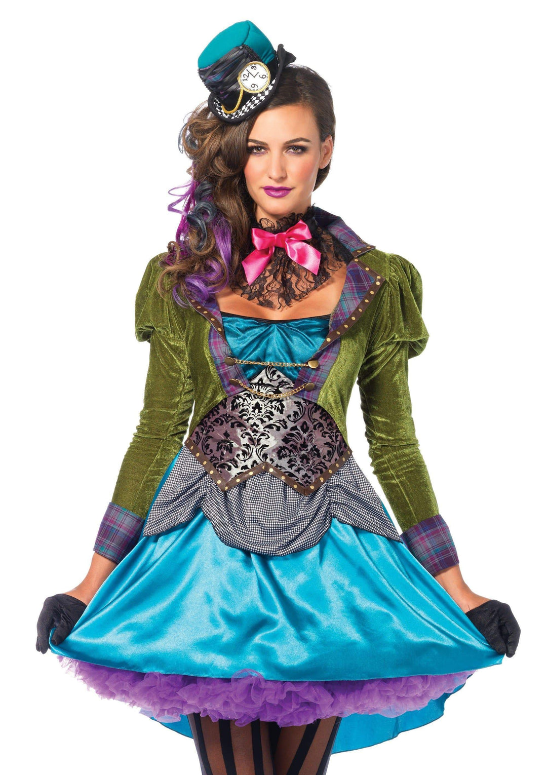 Deluxe Mad Hatter Velvet Coat Dress with Lace Neck Piece and Mini Hat