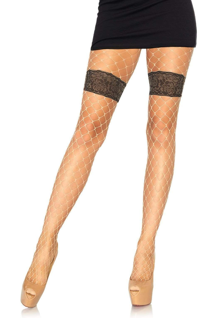 Diamond Fishnet Pantyhose with Faux Thigh Garter and Floral Waistband
