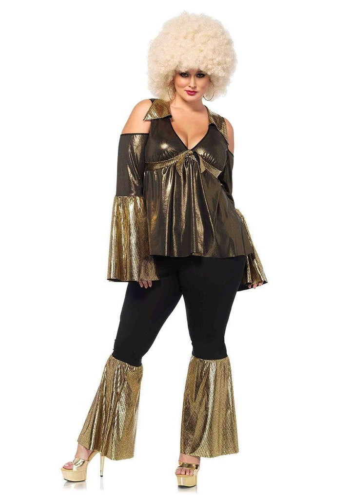 70'S Disco Diva Foil Shimmer Babydoll Plus Top and Bell Bottom Pants