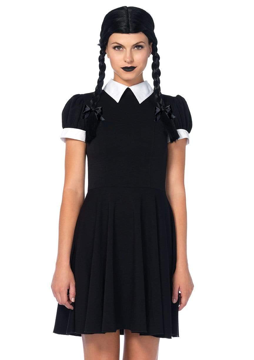 Gothic Darling Dress with White Collar and Braided Wig with Bows