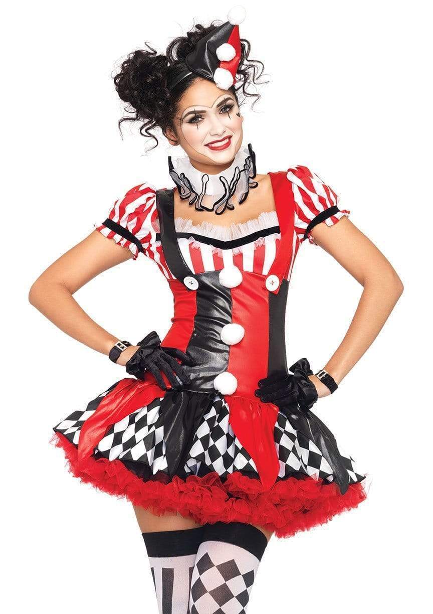 Harlequin Clown Ruffle Trim Suspender Dress with Pom Pom Hat