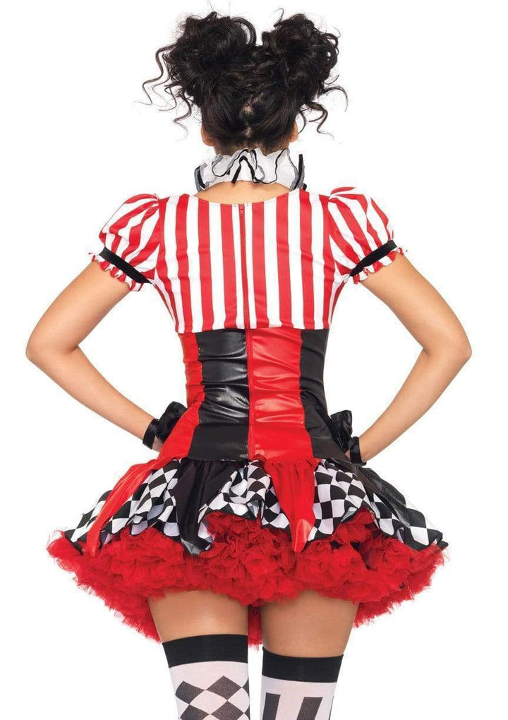 Harlequin Clown Ruffle Trim Suspender Dress with Pom Pom Hat