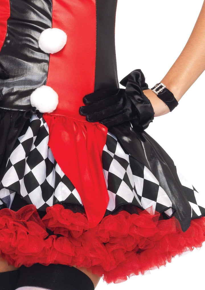 Harlequin Clown Ruffle Trim Suspender Dress with Pom Pom Hat