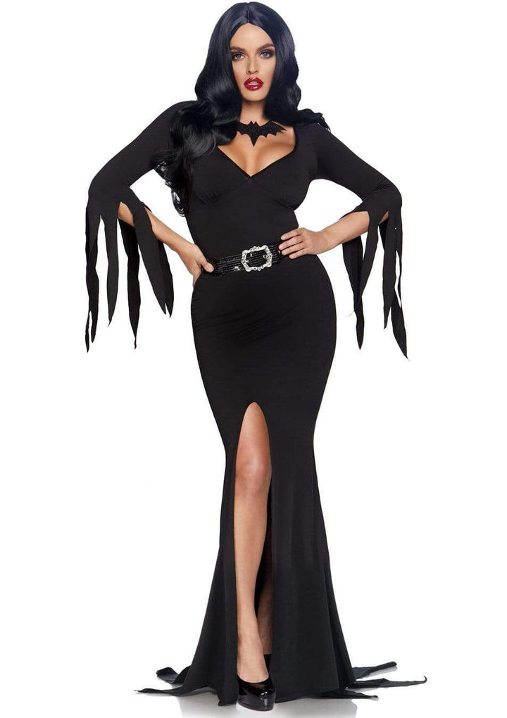 Immortal Mistress Deep-V Tattered Trim Dress with Sequin Belt and Bat Necklace